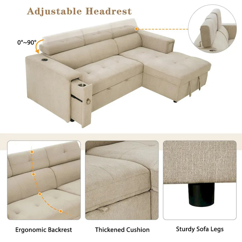 Divano Sezionale Angolare Beige con Funzione Letto, Poggiatesta Regolabile e Ricarica USB