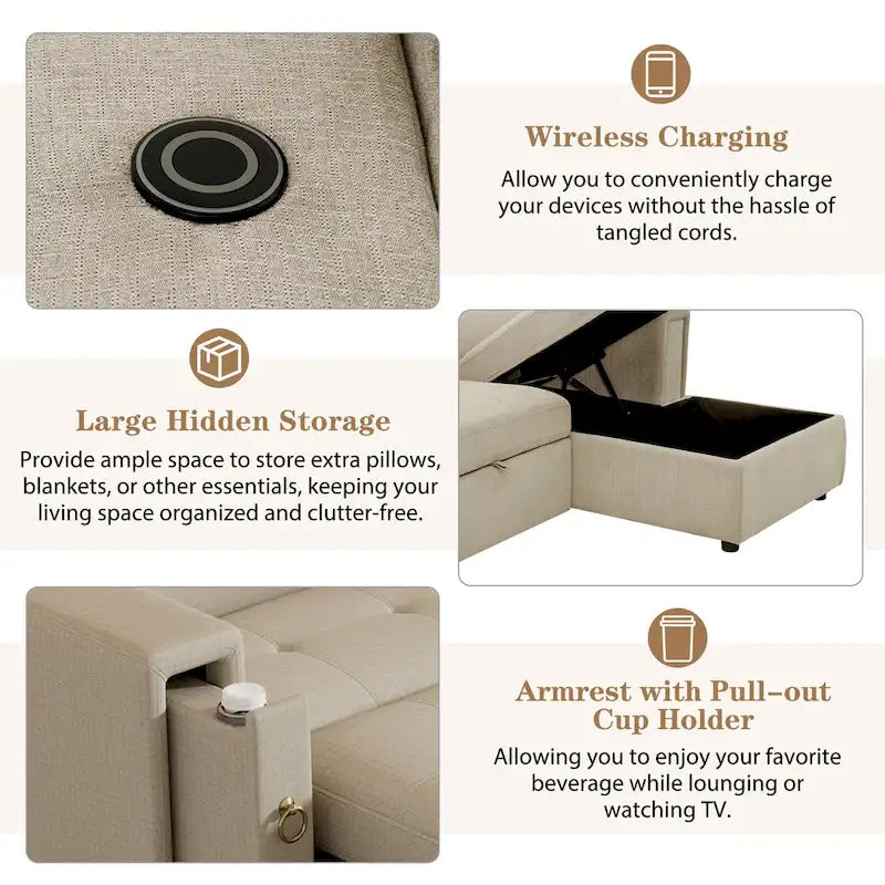 Divano Sezionale Angolare Beige con Funzione Letto, Poggiatesta Regolabile e Ricarica USB
