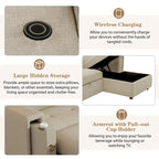 Divano Sezionale Angolare Beige con Funzione Letto, Poggiatesta Regolabile e Ricarica USB