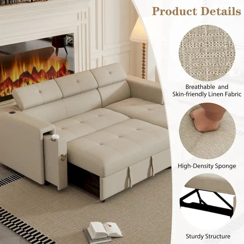 Divano Sezionale Angolare Beige con Funzione Letto, Poggiatesta Regolabile e Ricarica USB