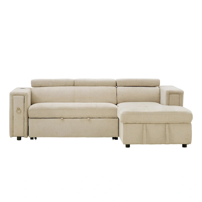 Divano Sezionale Angolare Beige con Funzione Letto, Poggiatesta Regolabile e Ricarica USB