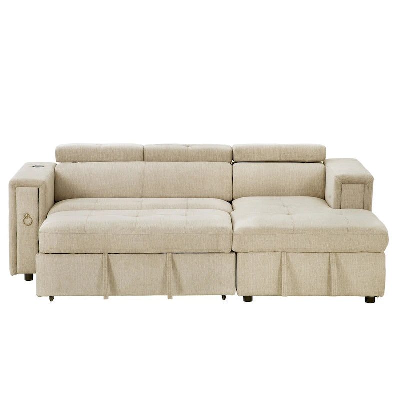 Divano Sezionale Angolare Beige con Funzione Letto, Poggiatesta Regolabile e Ricarica USB