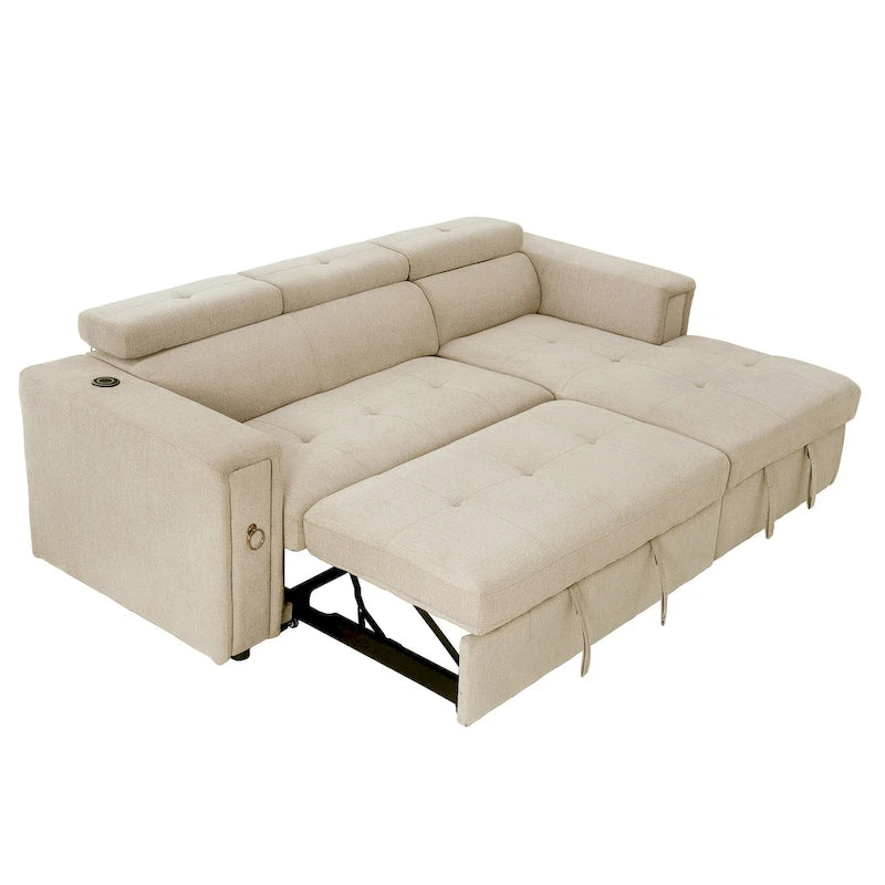 Divano Sezionale Angolare Beige con Funzione Letto, Poggiatesta Regolabile e Ricarica USB