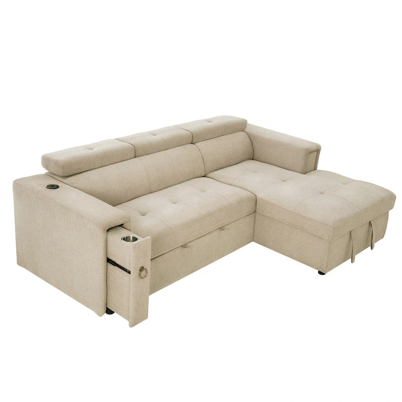 Divano Sezionale Angolare Beige con Funzione Letto, Poggiatesta Regolabile e Ricarica USB