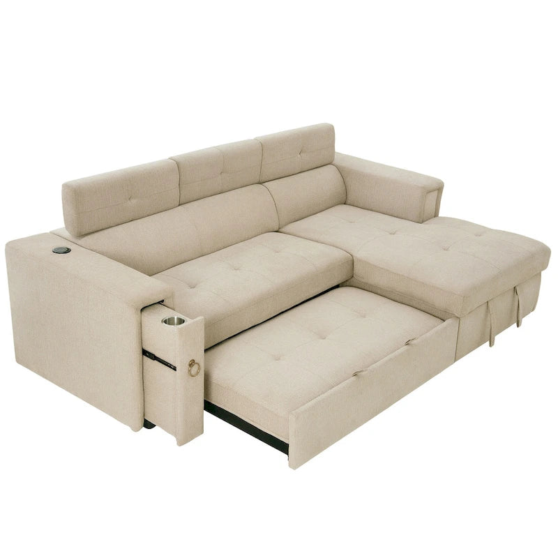 Divano Sezionale Angolare Beige con Funzione Letto, Poggiatesta Regolabile e Ricarica USB