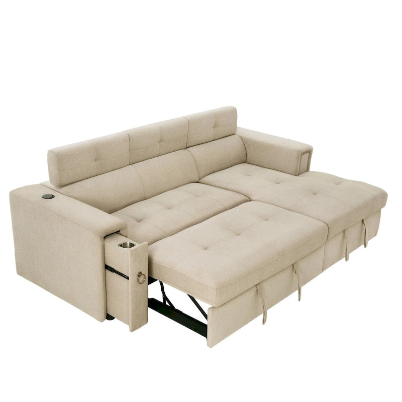 Divano Sezionale Angolare Beige con Funzione Letto, Poggiatesta Regolabile e Ricarica USB