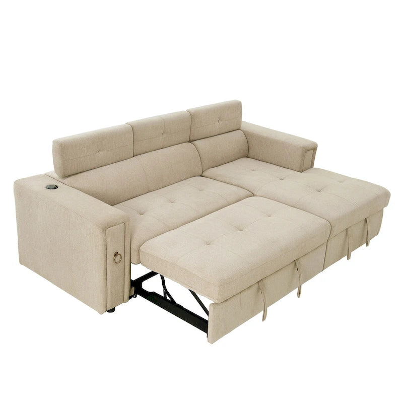 Divano Sezionale Angolare Beige con Funzione Letto, Poggiatesta Regolabile e Ricarica USB