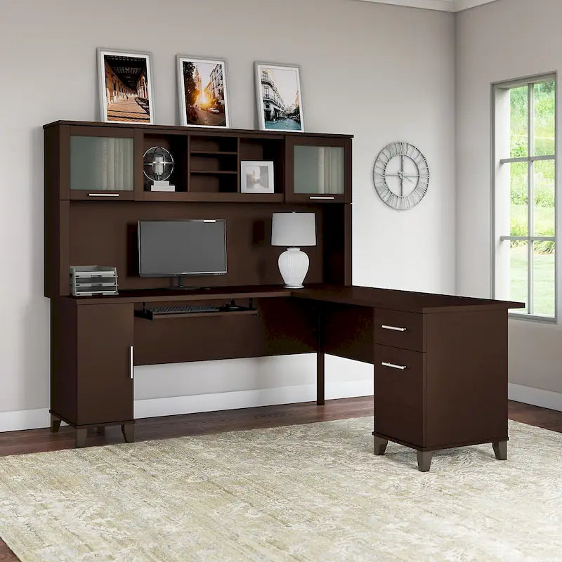 Scrivania a L da 72" con credenza superiore e contenitore