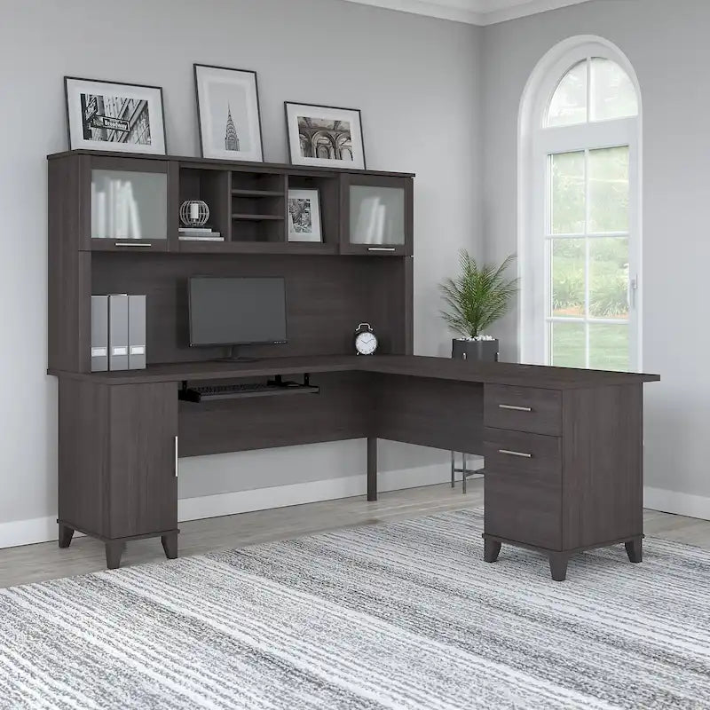 Scrivania a L da 72" con credenza superiore e contenitore
