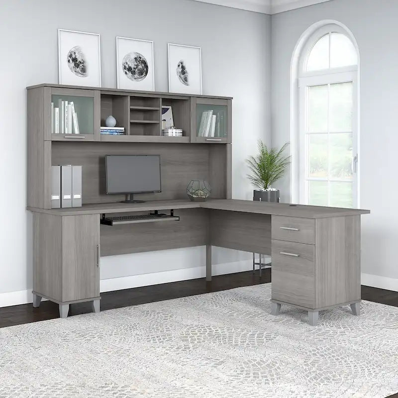 Scrivania a L da 72" con credenza superiore e contenitore