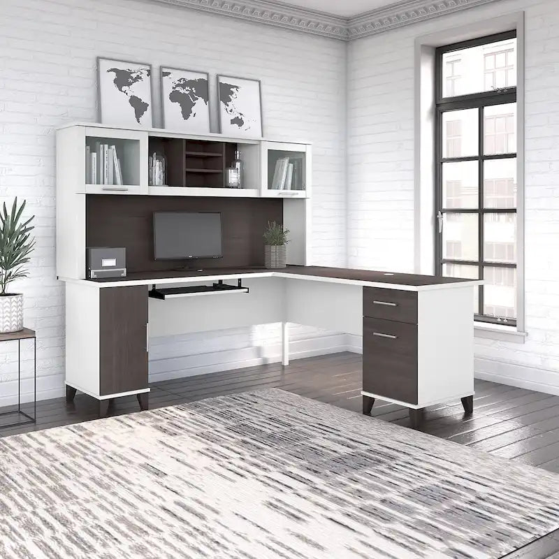 Scrivania a L da 72" con credenza superiore e contenitore