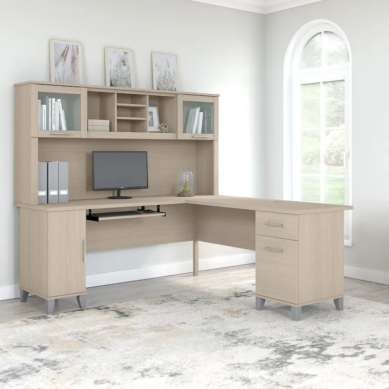 Scrivania a L da 72" con credenza superiore e contenitore