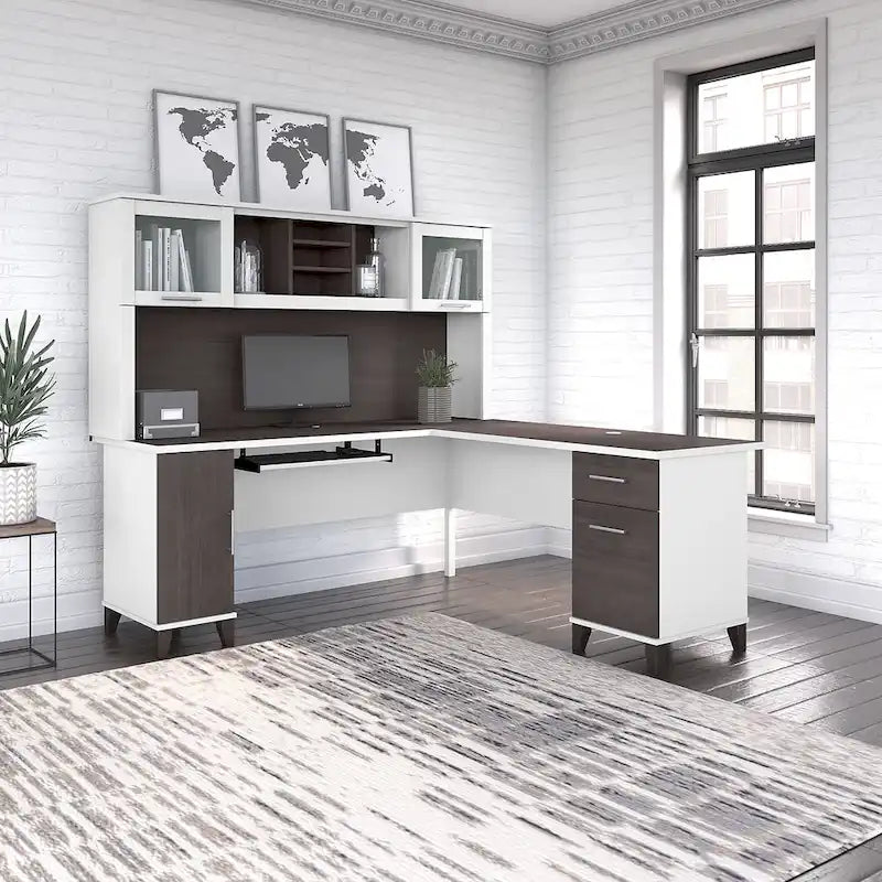 Scrivania a L da 72" con credenza superiore e contenitore