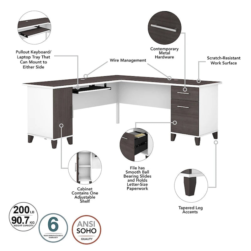 Scrivania a L da 72" con credenza superiore e contenitore