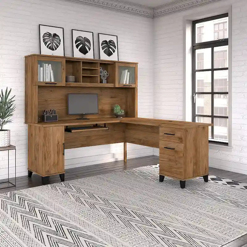 Scrivania a L da 72" con credenza superiore e contenitore