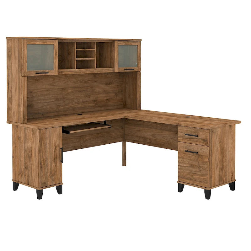 Scrivania a L da 72" con credenza superiore e contenitore