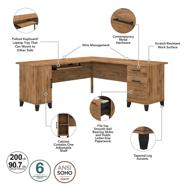 Scrivania a L da 72" con credenza superiore e contenitore