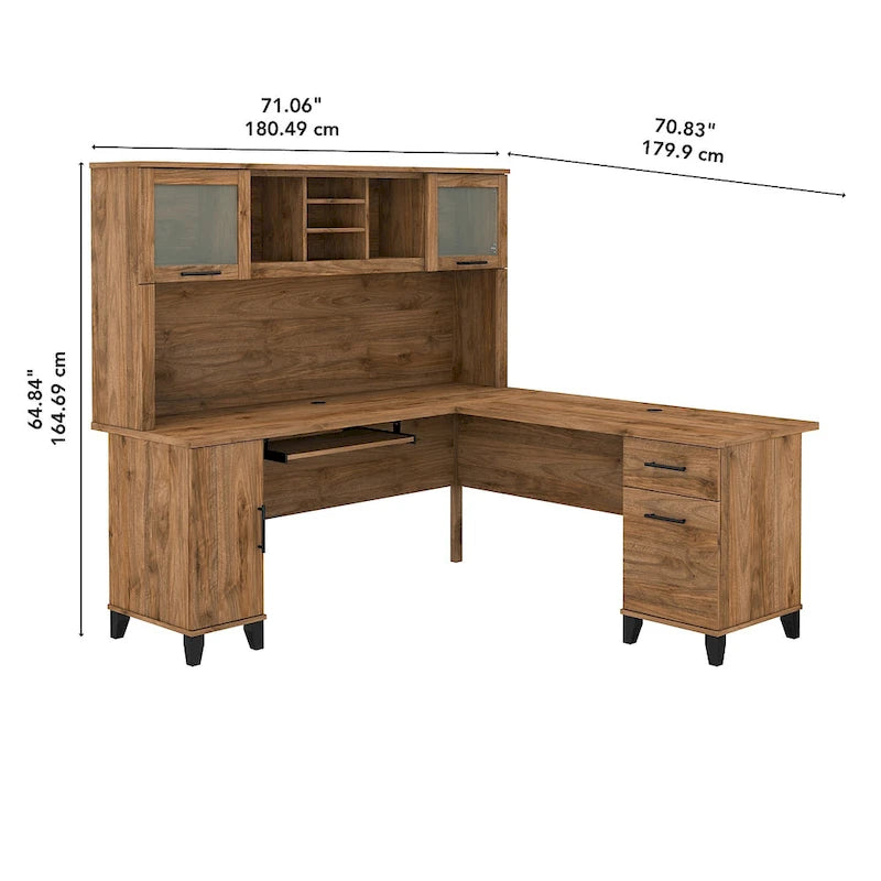 Scrivania a L da 72" con credenza superiore e contenitore