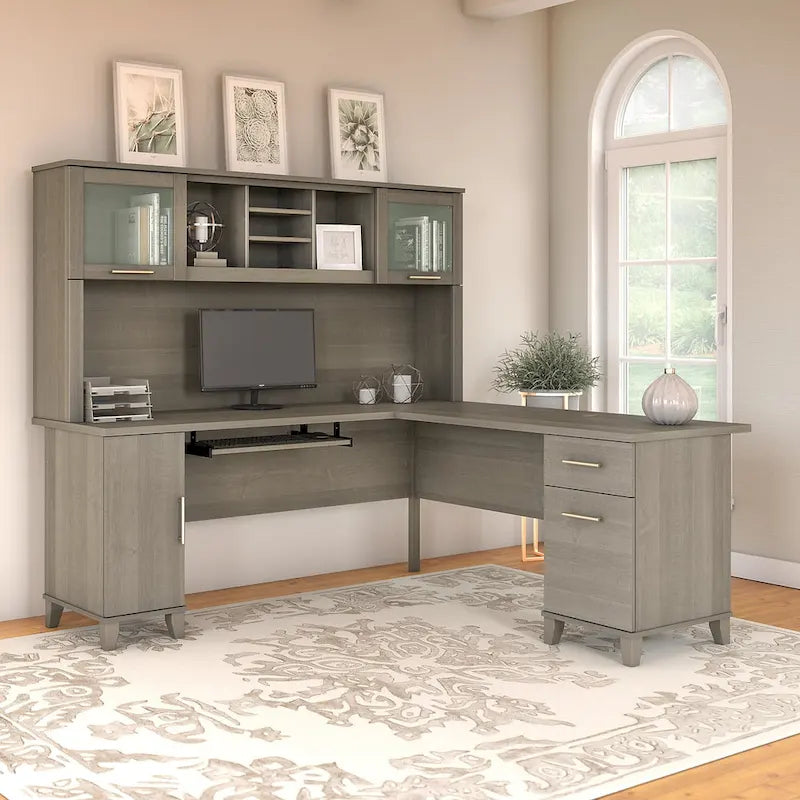 Scrivania a L da 72" con credenza superiore e contenitore