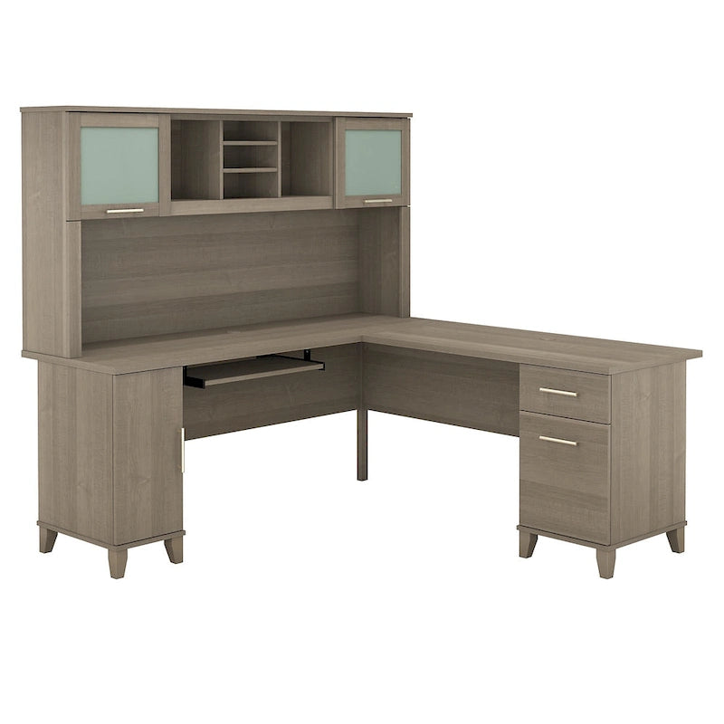 Scrivania a L da 72" con credenza superiore e contenitore