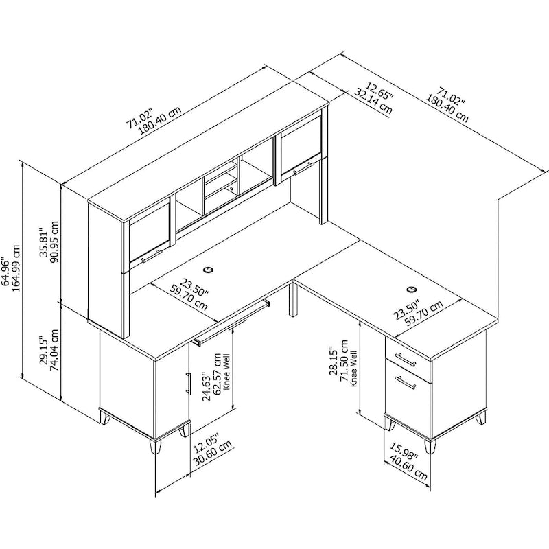 Scrivania a L da 72" con credenza superiore e contenitore