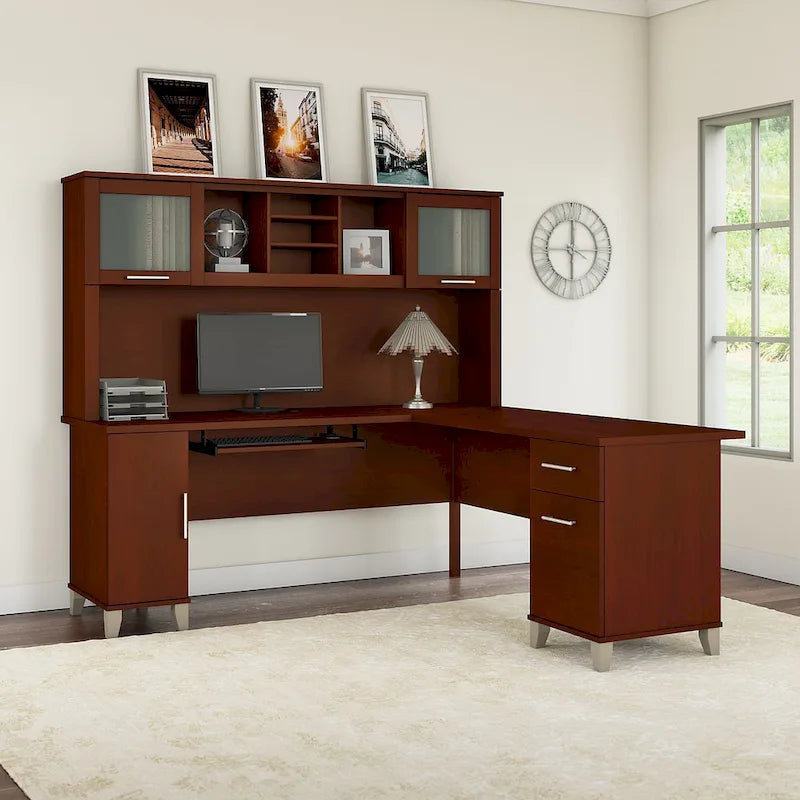 Scrivania a L da 72" con credenza superiore e contenitore