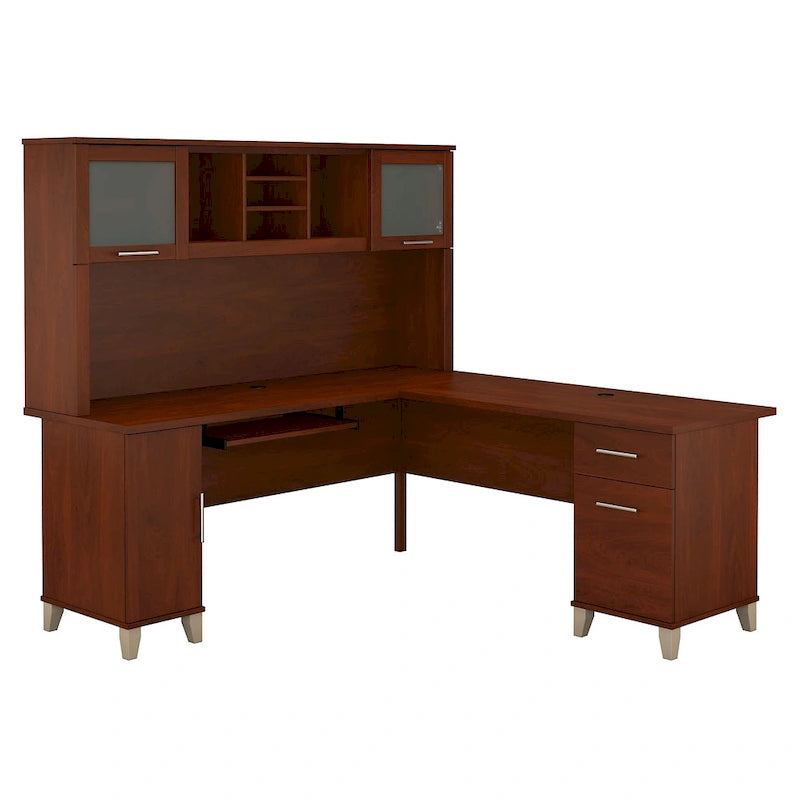 Scrivania a L da 72" con credenza superiore e contenitore