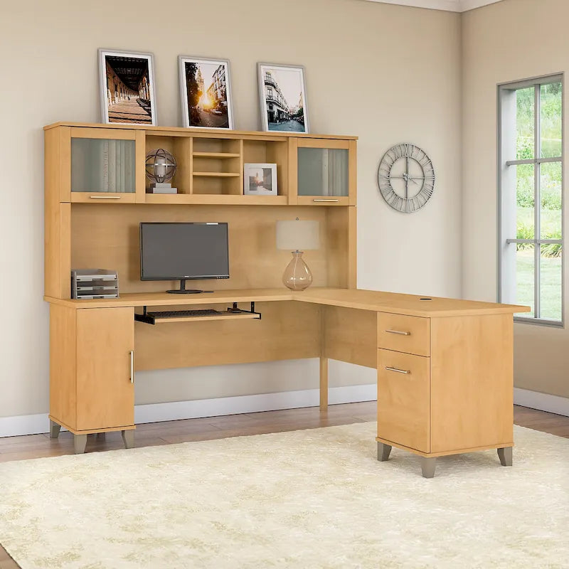 Scrivania a L da 72" con credenza superiore e contenitore