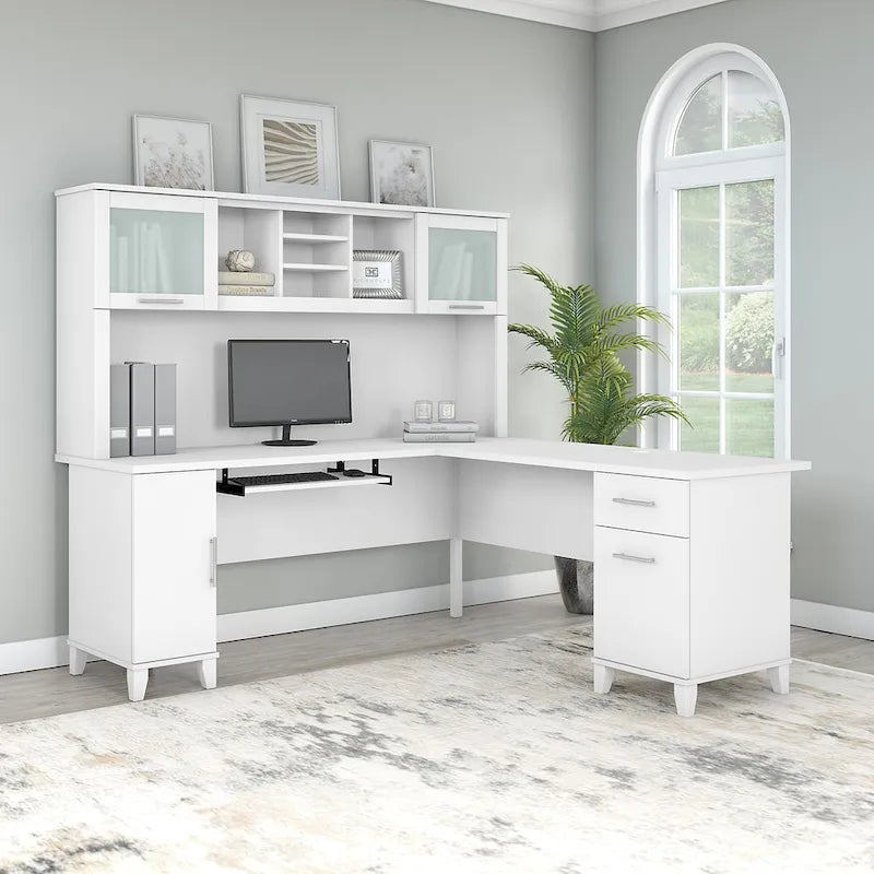 Scrivania a L da 72" con credenza superiore e contenitore