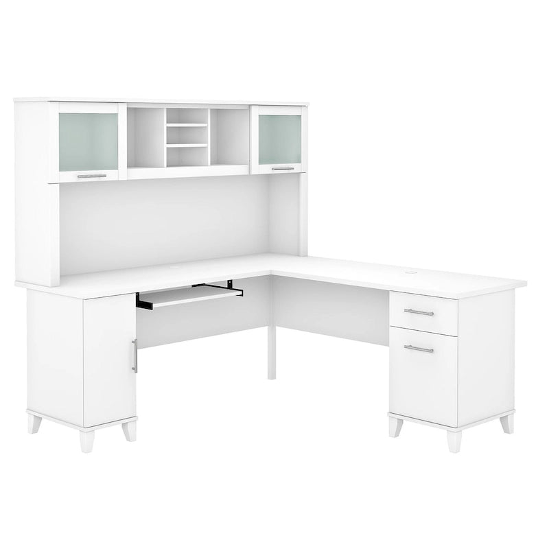 Scrivania a L da 72" con credenza superiore e contenitore