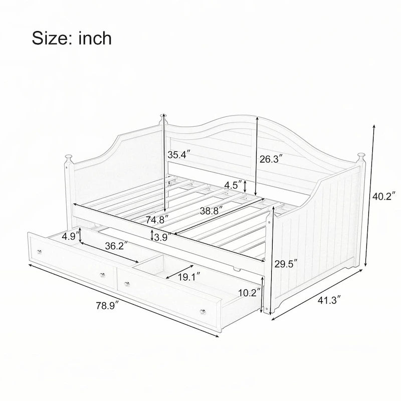 Letto a giorno in legno di dimensioni singole con cassetti