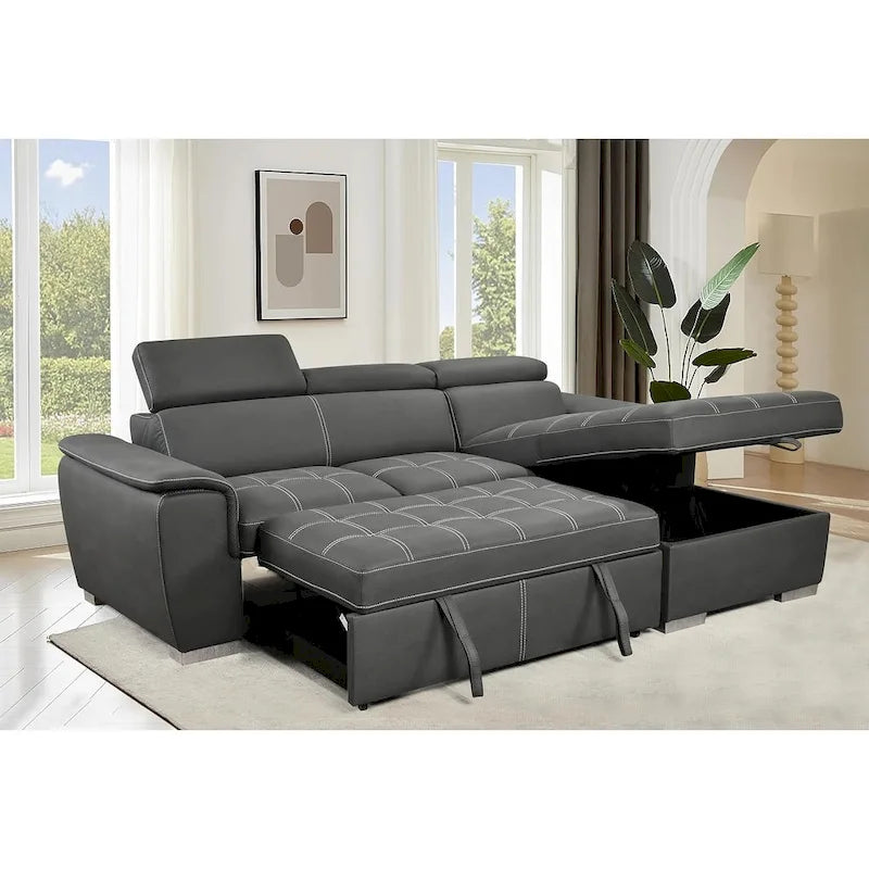 Divano sezionale convertibile da 97" con chaise longue contenitore, poggiatesta regolabili, divano angolare a L contemporaneo con funzione letto