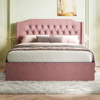 Letto a piattaforma Queen Size in velluto con testiera trapuntata, vano portaoggetti sotto il letto e rivestimento in tessuto con velcro rimovibile