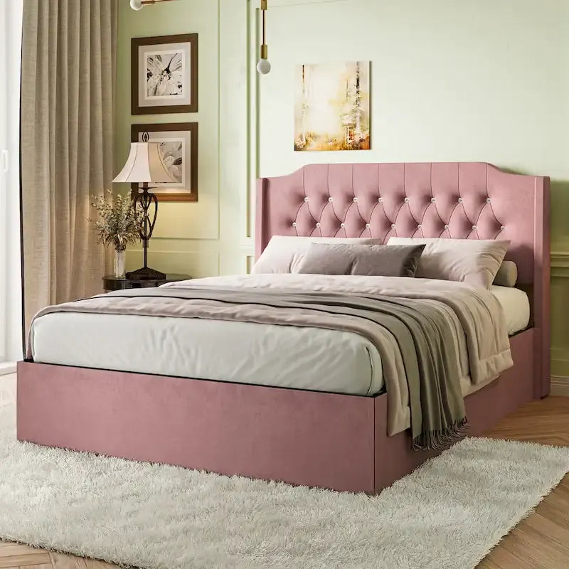 Letto a piattaforma Queen Size in velluto con testiera trapuntata, vano portaoggetti sotto il letto e rivestimento in tessuto con velcro rimovibile
