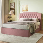 Letto a piattaforma Queen Size in velluto con testiera trapuntata, vano portaoggetti sotto il letto e rivestimento in tessuto con velcro rimovibile