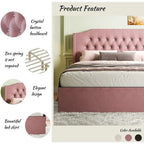 Letto a piattaforma Queen Size in velluto con testiera trapuntata, vano portaoggetti sotto il letto e rivestimento in tessuto con velcro rimovibile
