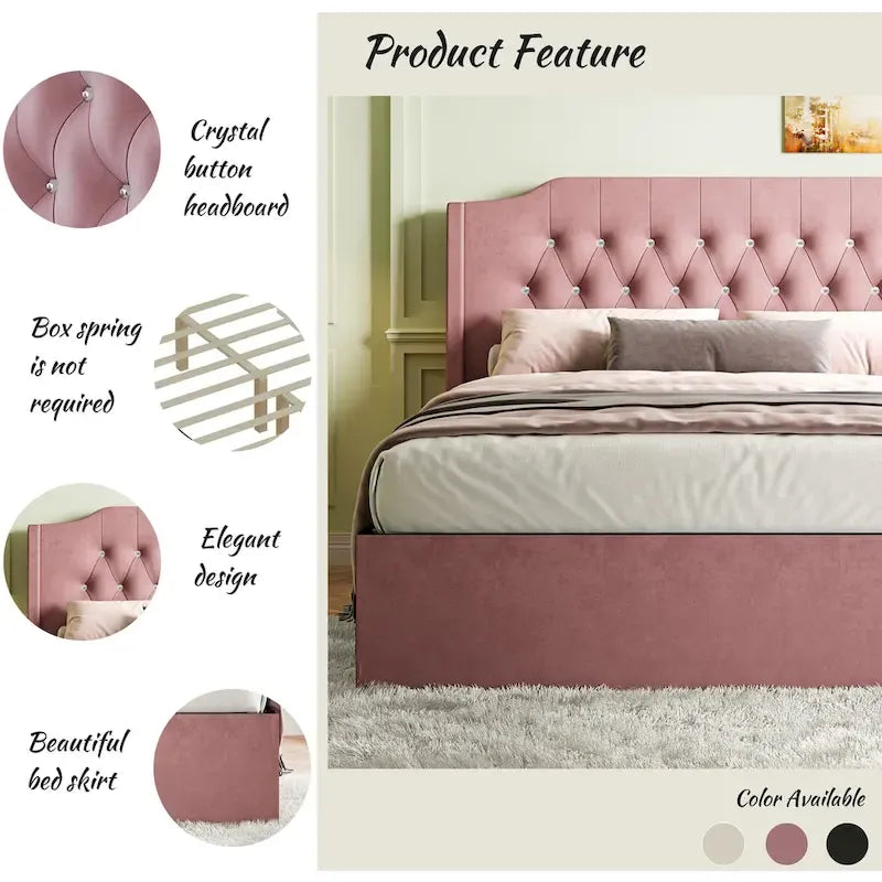 Letto a piattaforma Queen Size in velluto con testiera trapuntata, vano portaoggetti sotto il letto e rivestimento in tessuto con velcro rimovibile