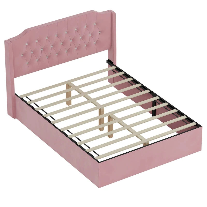 Letto a piattaforma Queen Size in velluto con testiera trapuntata, vano portaoggetti sotto il letto e rivestimento in tessuto con velcro rimovibile
