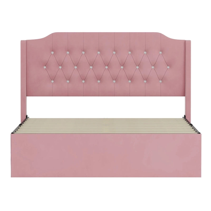 Letto a piattaforma Queen Size in velluto con testiera trapuntata, vano portaoggetti sotto il letto e rivestimento in tessuto con velcro rimovibile