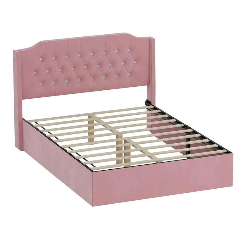 Letto a piattaforma Queen Size in velluto con testiera trapuntata, vano portaoggetti sotto il letto e rivestimento in tessuto con velcro rimovibile