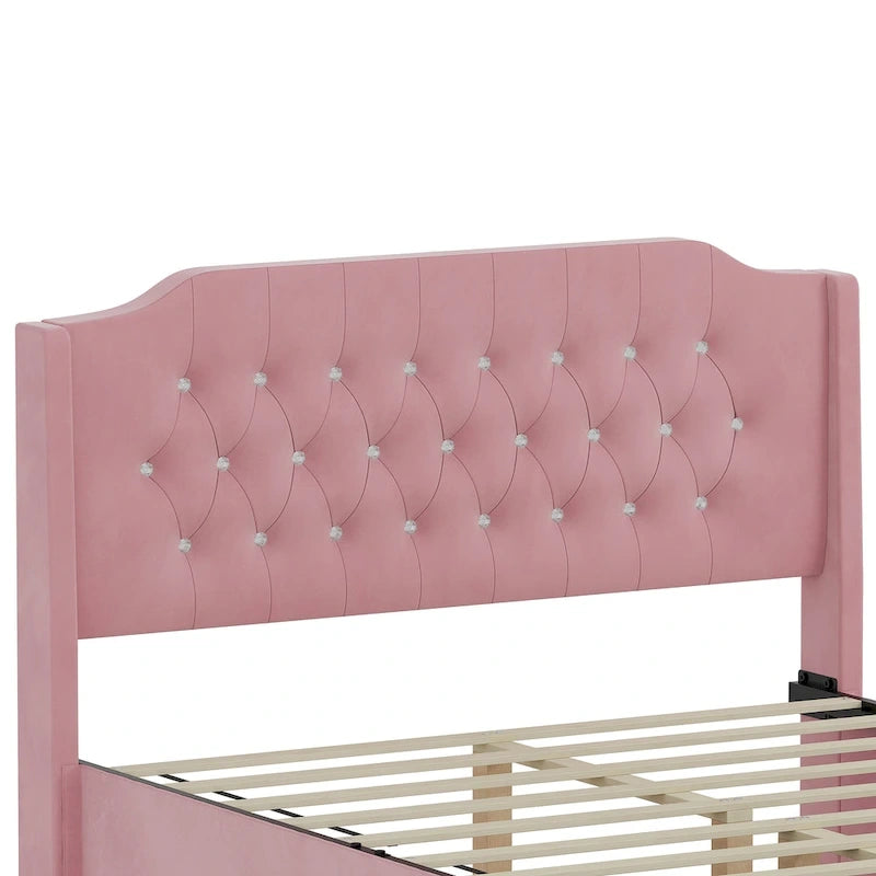 Letto a piattaforma Queen Size in velluto con testiera trapuntata, vano portaoggetti sotto il letto e rivestimento in tessuto con velcro rimovibile