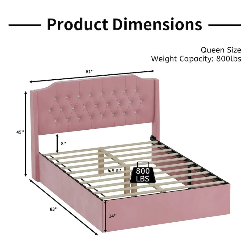 Letto a piattaforma Queen Size in velluto con testiera trapuntata, vano portaoggetti sotto il letto e rivestimento in tessuto con velcro rimovibile