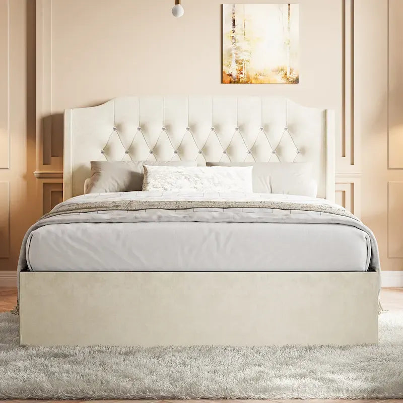 Letto a piattaforma Queen Size in velluto con testiera trapuntata, vano portaoggetti sotto il letto e rivestimento in tessuto con velcro rimovibile
