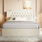 Letto a piattaforma Queen Size in velluto con testiera trapuntata, vano portaoggetti sotto il letto e rivestimento in tessuto con velcro rimovibile