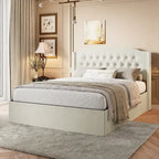 Letto a piattaforma Queen Size in velluto con testiera trapuntata, vano portaoggetti sotto il letto e rivestimento in tessuto con velcro rimovibile