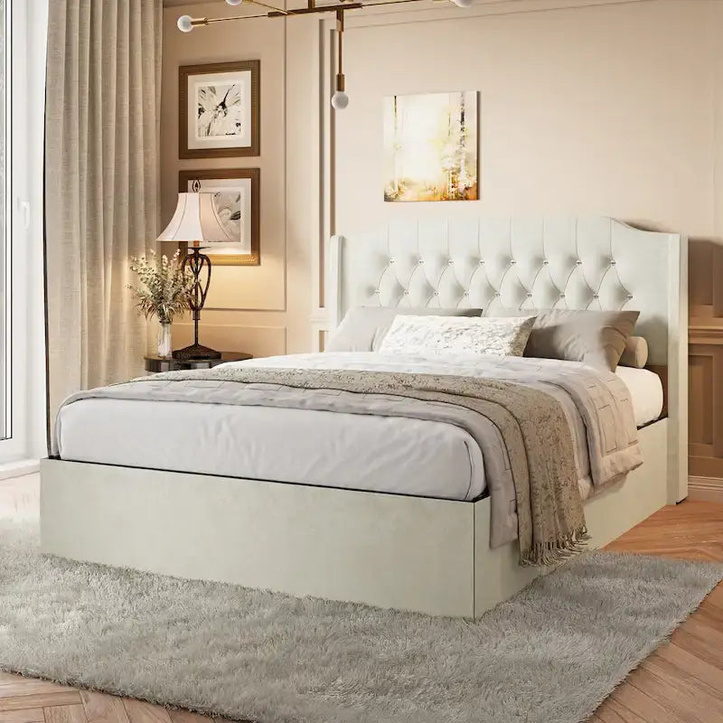 Letto a piattaforma Queen Size in velluto con testiera trapuntata, vano portaoggetti sotto il letto e rivestimento in tessuto con velcro rimovibile