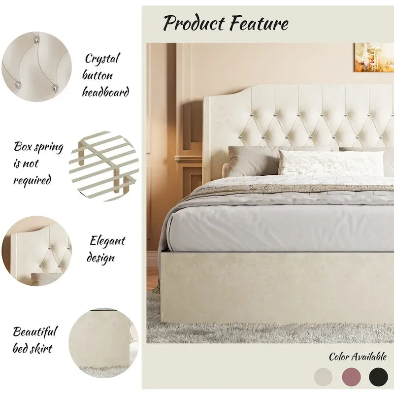 Letto a piattaforma Queen Size in velluto con testiera trapuntata, vano portaoggetti sotto il letto e rivestimento in tessuto con velcro rimovibile