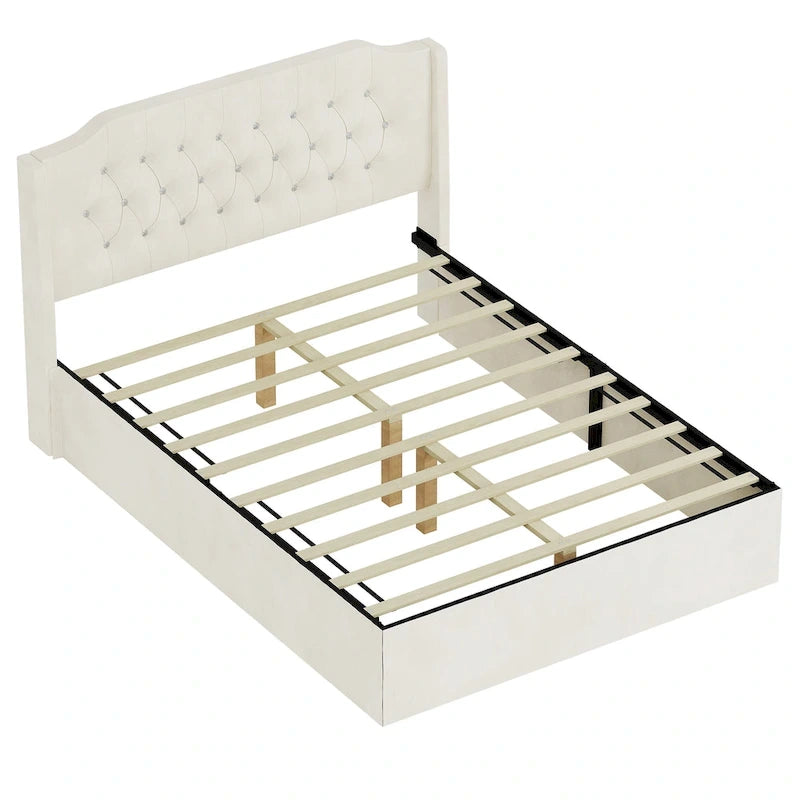 Letto a piattaforma Queen Size in velluto con testiera trapuntata, vano portaoggetti sotto il letto e rivestimento in tessuto con velcro rimovibile