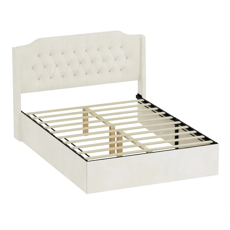 Letto a piattaforma Queen Size in velluto con testiera trapuntata, vano portaoggetti sotto il letto e rivestimento in tessuto con velcro rimovibile