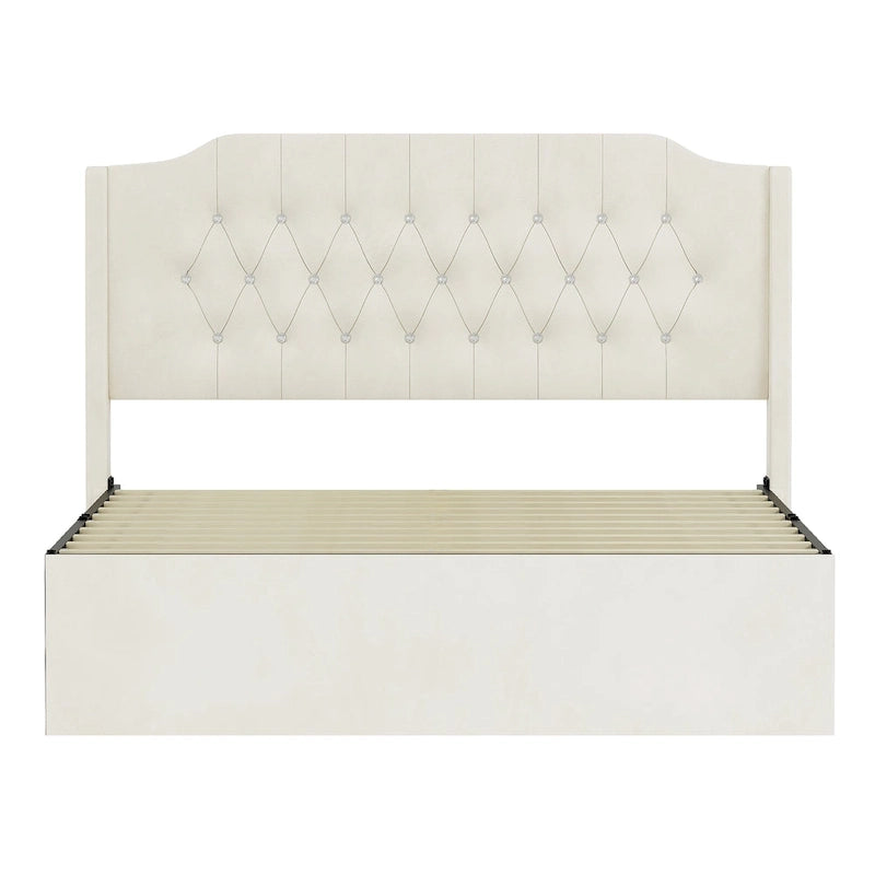 Letto a piattaforma Queen Size in velluto con testiera trapuntata, vano portaoggetti sotto il letto e rivestimento in tessuto con velcro rimovibile